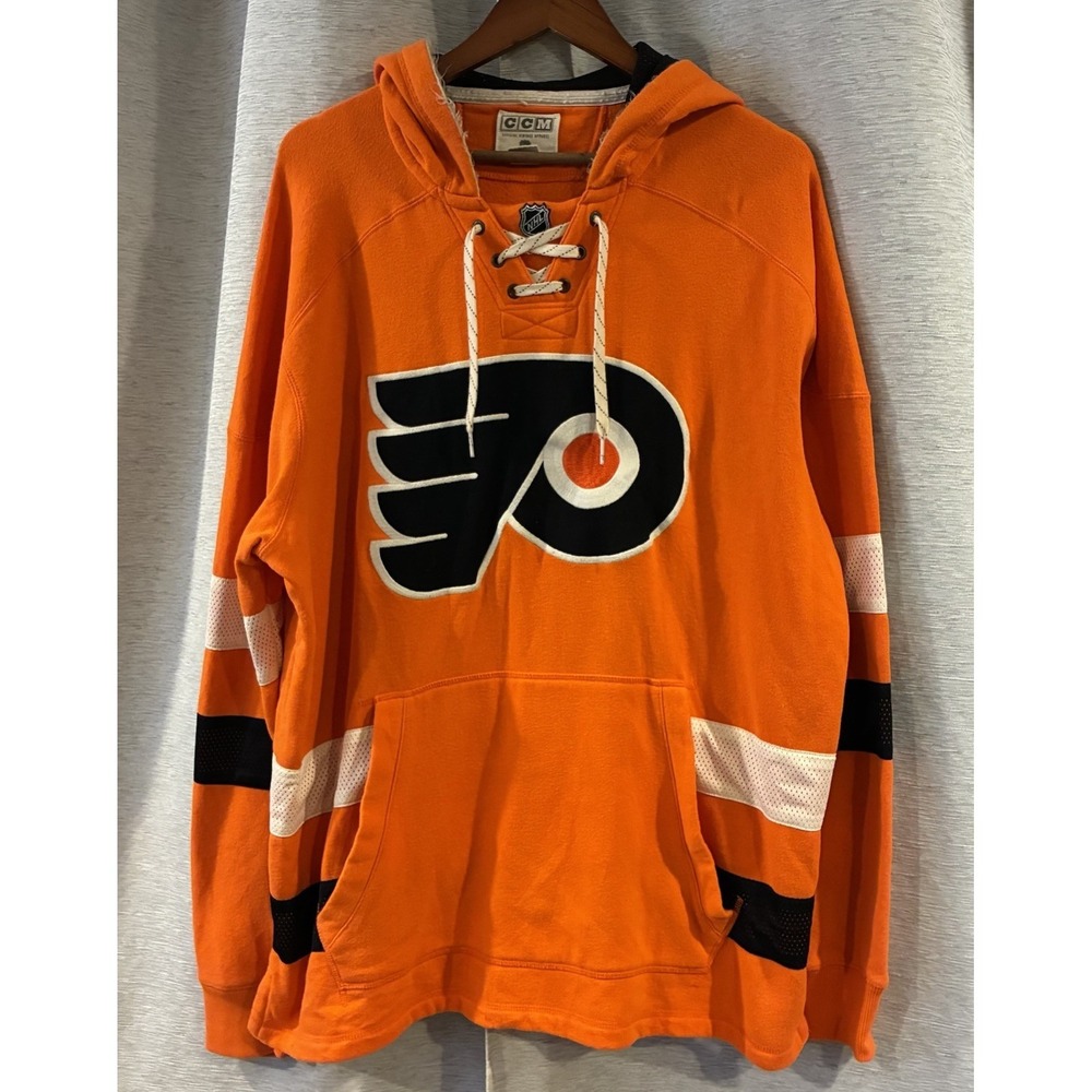 CCM Philadelphia Flyers NHL Lace Up Hoodie Mens XL Orange Black Sweatshirt - Picture 2 of 7